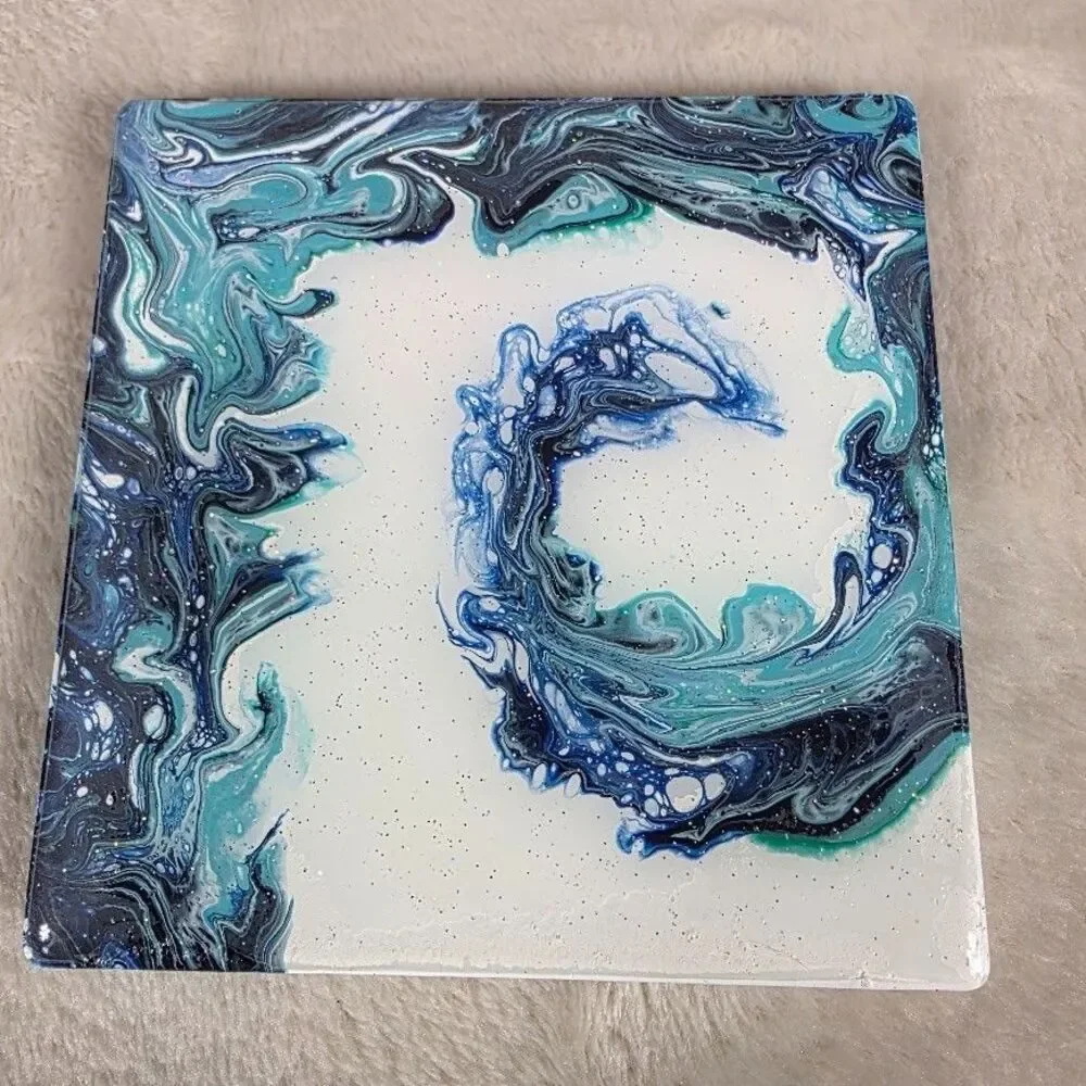 Original Pour Paint Set 4 Ceramic Coasters Hand Poured Wave Painting Blue White - Picture 5 of 7